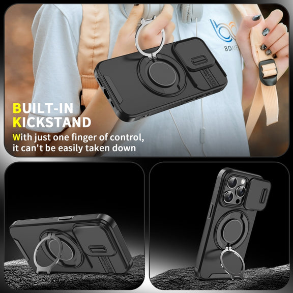 For iPhone 16 Plus Sliding Camshield Ring Holder Phone Case(Black)