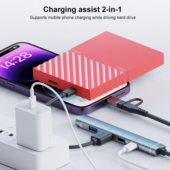 5 in 2 Multi-function HUB Adapter, Interface:USB-C / Type-C + USB-A(Grey)