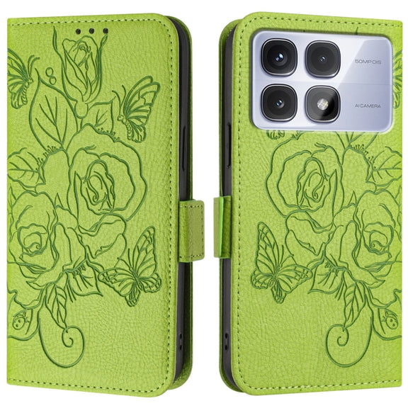 For Redmi K70 Ultra 5G Global Embossed Rose RFID Anti-theft Leather Phone Case(Green)