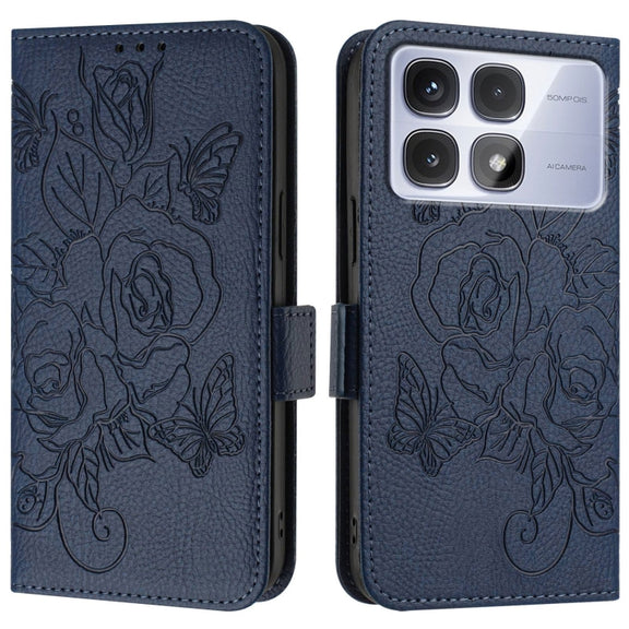 For Redmi K70 Ultra 5G Global Embossed Rose RFID Anti-theft Leather Phone Case(Dark Blue)