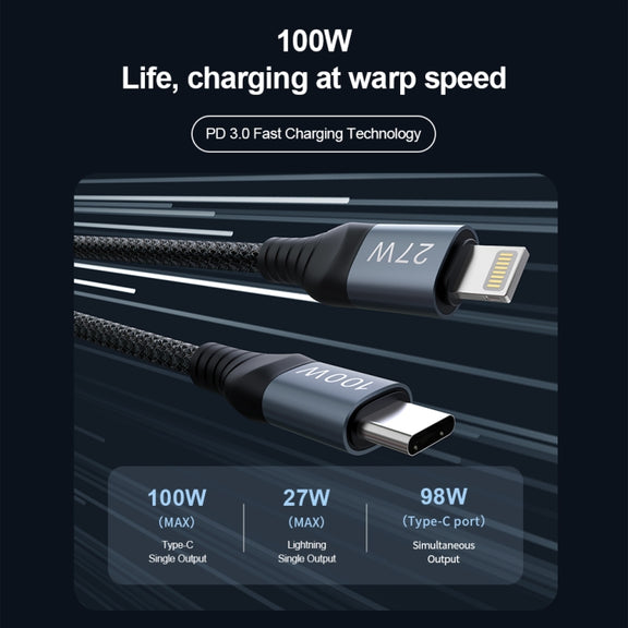 NILLKIN PD3.0 100W/27W USB-C / Type-C to USB-C / Type-C + 8 Pin Dual Power Fast Charging Data Cable, Length: 1.5m