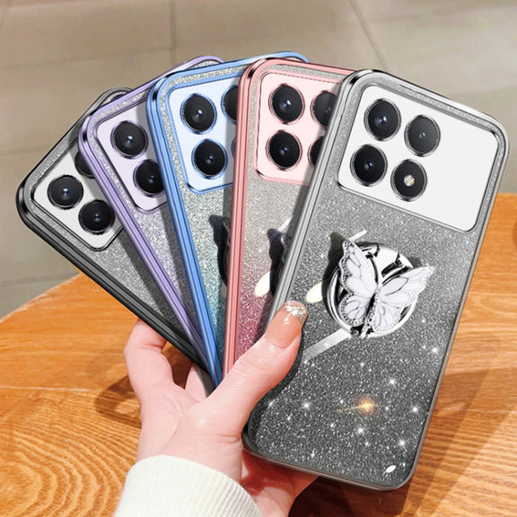 For Redmi K70 / K70 Pro Plated Gradient Glitter Butterfly Holder TPU Phone Case(Sierra Blue)