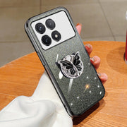 For Redmi K70 / K70 Pro Plated Gradient Glitter Butterfly Holder TPU Phone Case(Black)