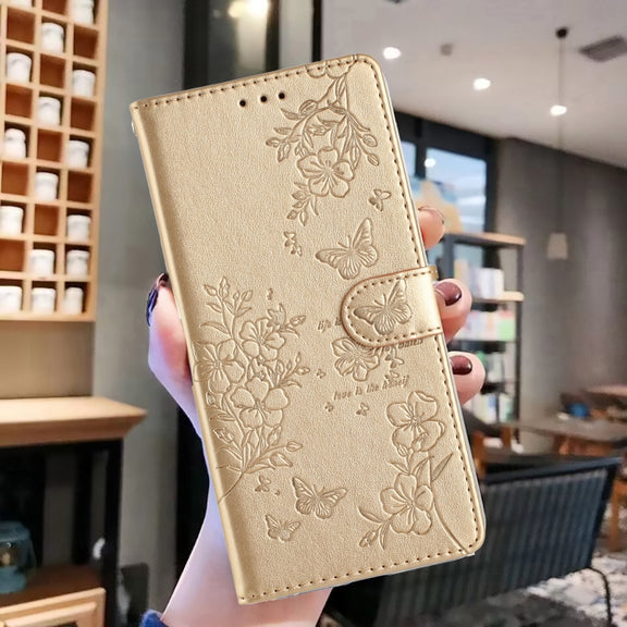 For iPhone 16 Pro Max Butterflies and Flowers Leather Phone Case(Gold)