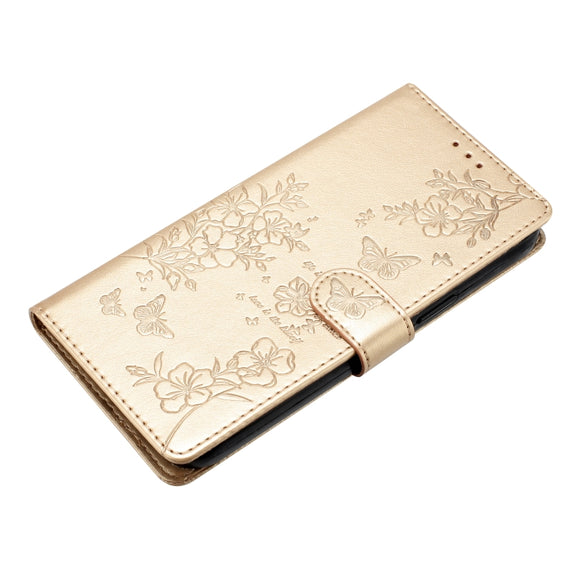 For iPhone 16 Pro Max Butterflies and Flowers Leather Phone Case(Gold)
