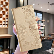 For iPhone 16 Plus Butterflies and Flowers Leather Phone Case(Gold)