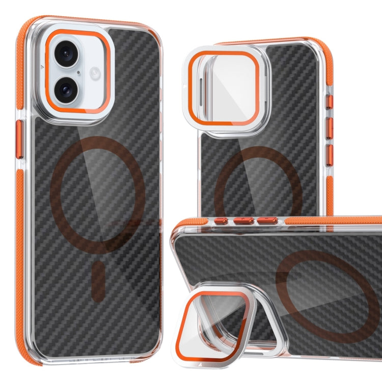 For iPhone 16 Magsafe Dual-Color Carbon Fiber Lens Film Phone Case with Lens Fold Holder(Orange) - iPhone 16 Cases by PMC TechLife | Online Shopping South Africa | PMC TechLife | Buy Now Pay Later Mobicred