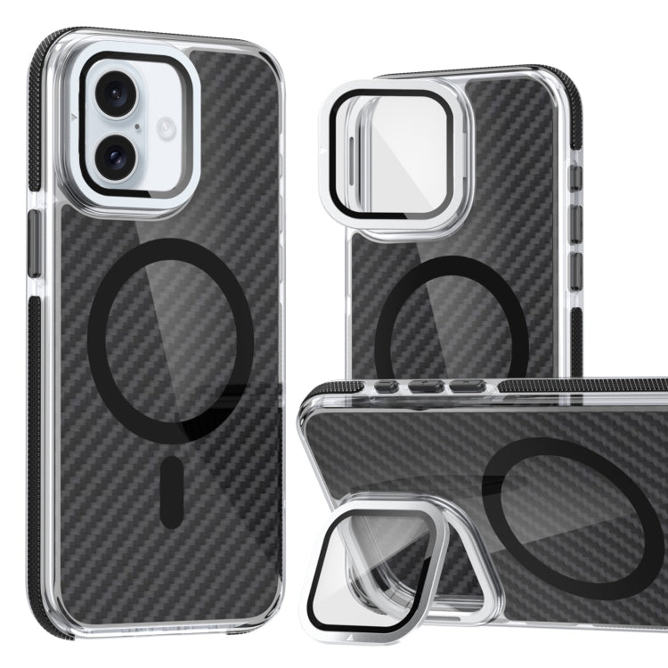 For iPhone 16 Magsafe Dual-Color Carbon Fiber Lens Film Phone Case with Lens Fold Holder(Black) - iPhone 16 Cases by PMC TechLife | Online Shopping South Africa | PMC TechLife | Buy Now Pay Later Mobicred
