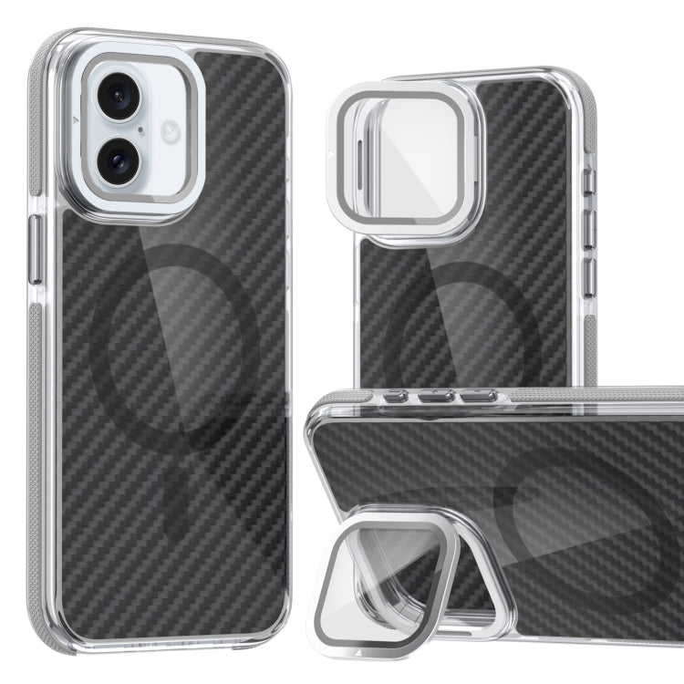 For iPhone 16 Magsafe Dual-Color Carbon Fiber Lens Film Phone Case with Lens Fold Holder(Gray)