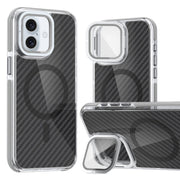 For iPhone 16 Magsafe Dual-Color Carbon Fiber Lens Film Phone Case with Lens Fold Holder(Gray)