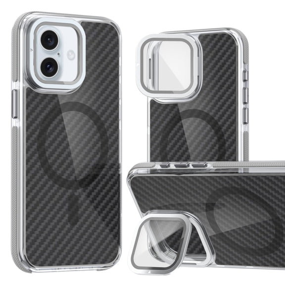 For iPhone 16 Magsafe Dual-Color Carbon Fiber Lens Film Phone Case with Lens Fold Holder(Gray)