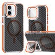 For iPhone 16 Plus Magsafe Dual-Color Carbon Fiber Lens Film Phone Case with Lens Fold Holder(Orange) - iPhone 16 Plus Cases by PMC TechLife | Online Shopping South Africa | PMC TechLife | Buy Now Pay Later Mobicred