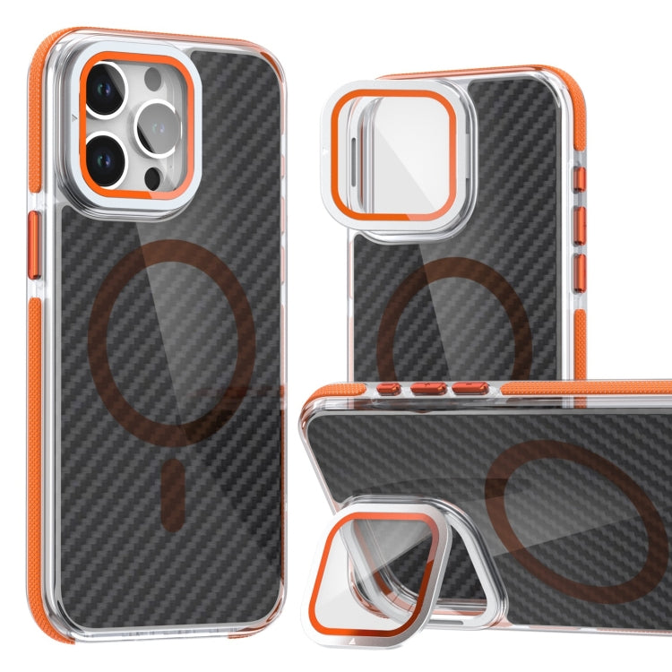 For iPhone 16 Pro Magsafe Dual-Color Carbon Fiber Lens Film Phone Case with Lens Fold Holder(Orange) - iPhone 16 Pro Cases by PMC TechLife | Online Shopping South Africa | PMC TechLife | Buy Now Pay Later Mobicred
