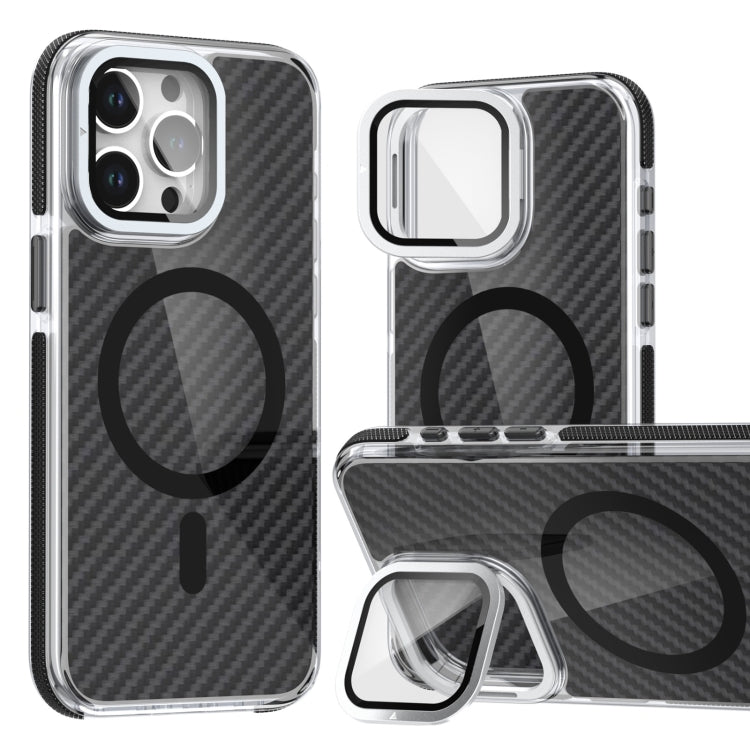 For iPhone 16 Pro Max Magsafe Dual-Color Carbon Fiber Lens Film Phone Case with Lens Fold Holder(Black) - iPhone 16 Pro Max Cases by PMC TechLife | Online Shopping South Africa | PMC TechLife | Buy Now Pay Later Mobicred