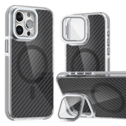 For iPhone 16 Pro Max Magsafe Dual-Color Carbon Fiber Lens Film Phone Case with Lens Fold Holder(Gray)