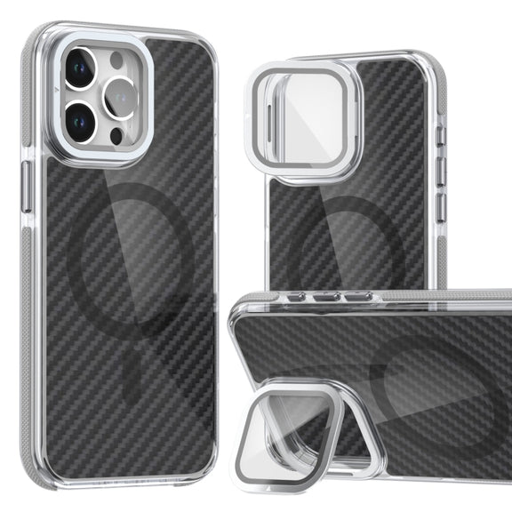 For iPhone 16 Pro Max Magsafe Dual-Color Carbon Fiber Lens Film Phone Case with Lens Fold Holder(Gray)
