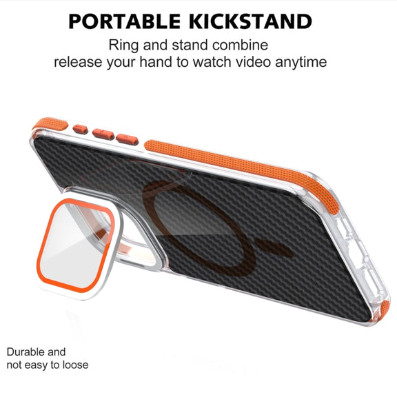 For iPhone 16 Plus Magsafe Dual-Color Carbon Fiber Lens Film Phone Case with Lens Fold Holder(Black)