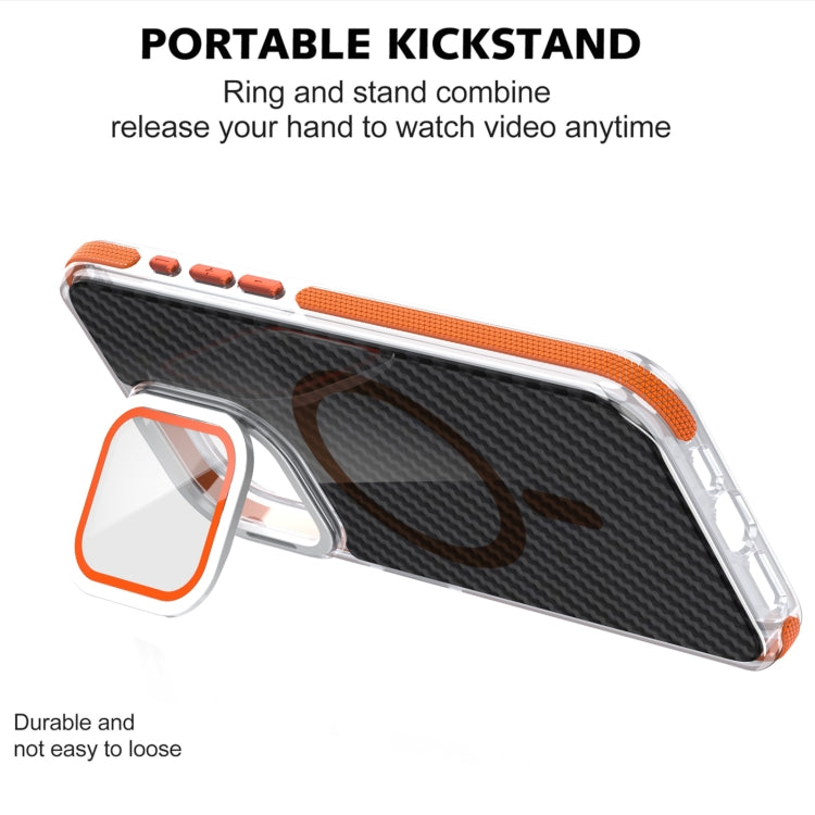 For iPhone 16 Plus Magsafe Dual-Color Carbon Fiber Lens Film Phone Case with Lens Fold Holder(Black)