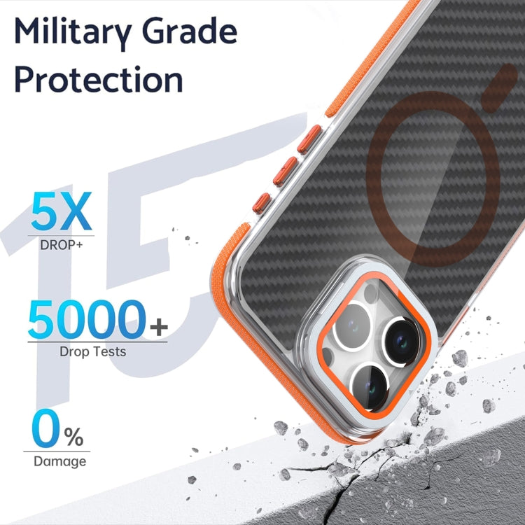For iPhone 16 Plus Magsafe Dual-Color Carbon Fiber Lens Film Phone Case with Lens Fold Holder(Orange) - iPhone 16 Plus Cases by PMC TechLife | Online Shopping South Africa | PMC TechLife | Buy Now Pay Later Mobicred