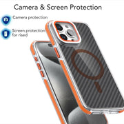 For iPhone 16 Plus Magsafe Dual-Color Carbon Fiber Lens Film Phone Case with Lens Fold Holder(Black)