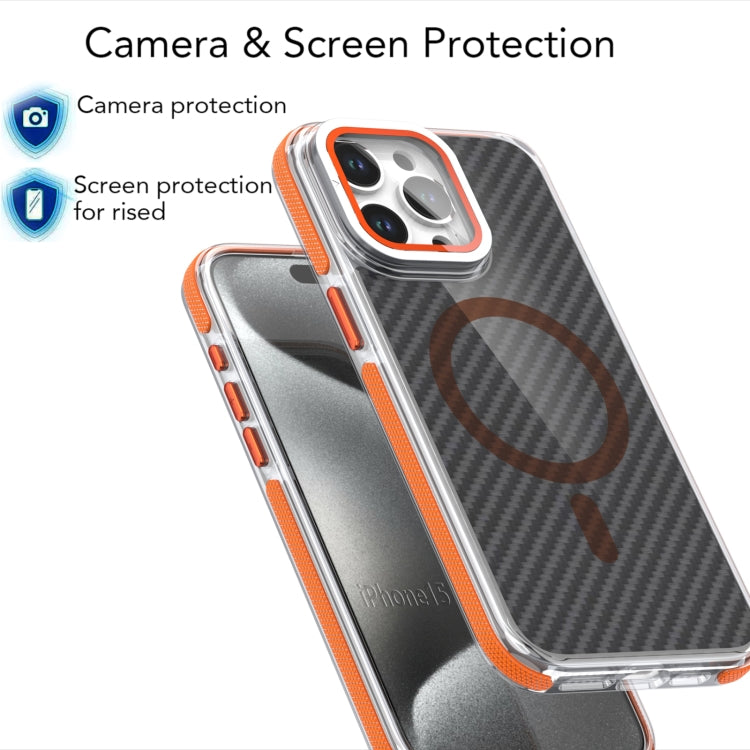 For iPhone 16 Pro Max Magsafe Dual-Color Carbon Fiber Lens Film Phone Case with Lens Fold Holder(Black)