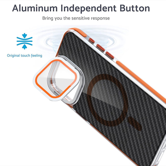 For iPhone 16 Plus Magsafe Dual-Color Carbon Fiber Lens Film Phone Case with Lens Fold Holder(Black)