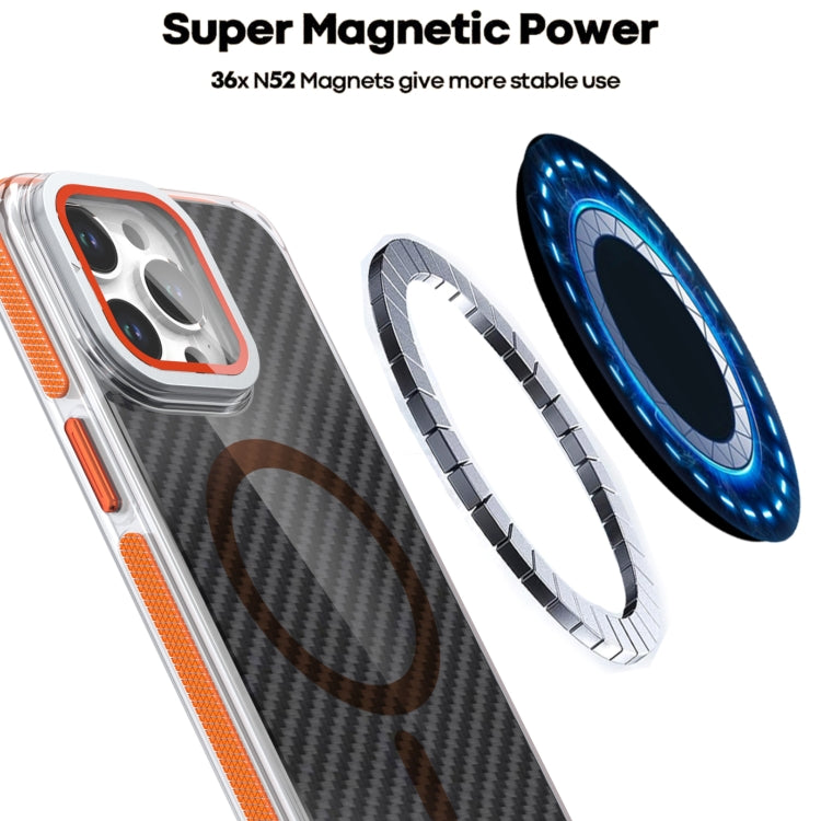 For iPhone 16 Magsafe Dual-Color Carbon Fiber Lens Film Phone Case with Lens Fold Holder(Gray)