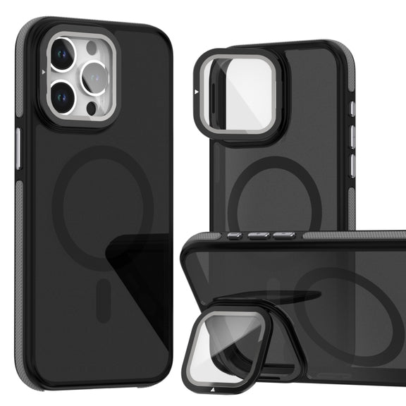 For iPhone 16 Pro Max Magsafe Dual-Color Skin Feel Lens Film Phone Case with Lens Fold Holder(Gray)