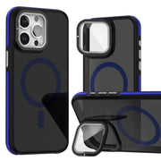 For iPhone 16 Pro Max Magsafe Dual-Color Skin Feel Lens Film Phone Case with Lens Fold Holder(Blue)