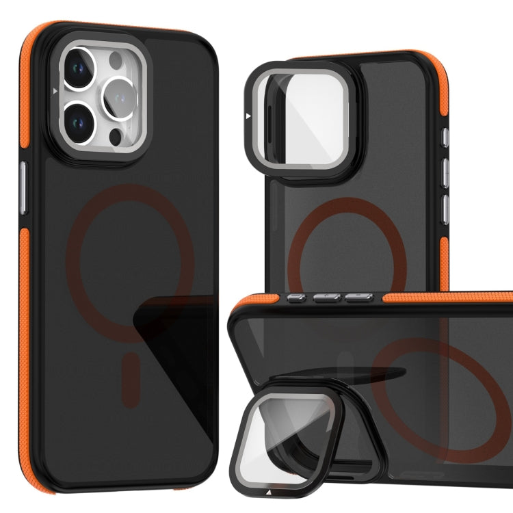 For iPhone 16 Pro Magsafe Dual-Color Skin Feel Lens Film Phone Case with Lens Fold Holder(Orange) - iPhone 16 Pro Cases by PMC TechLife | Online Shopping South Africa | PMC TechLife | Buy Now Pay Later Mobicred