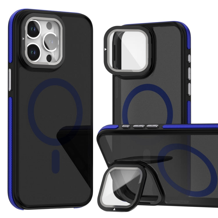For iPhone 16 Pro Magsafe Dual-Color Skin Feel Lens Film Phone Case with Lens Fold Holder(Blue) - More iPhone Cases by PMC TechLife | Online Shopping South Africa | PMC TechLife | Buy Now Pay Later Mobicred