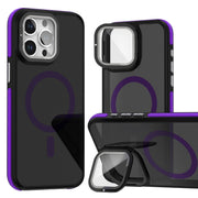 For iPhone 16 Pro Magsafe Dual-Color Skin Feel Lens Film Phone Case with Lens Fold Holder(Purple)