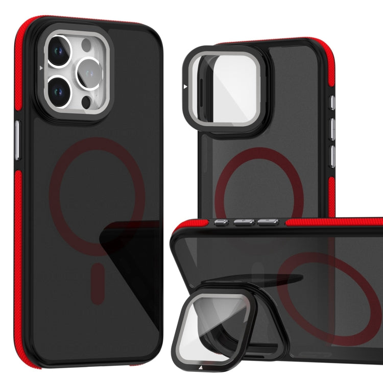 For iPhone 16 Pro Magsafe Dual-Color Skin Feel Lens Film Phone Case with Lens Fold Holder(Red) - More iPhone Cases by PMC TechLife | Online Shopping South Africa | PMC TechLife | Buy Now Pay Later Mobicred
