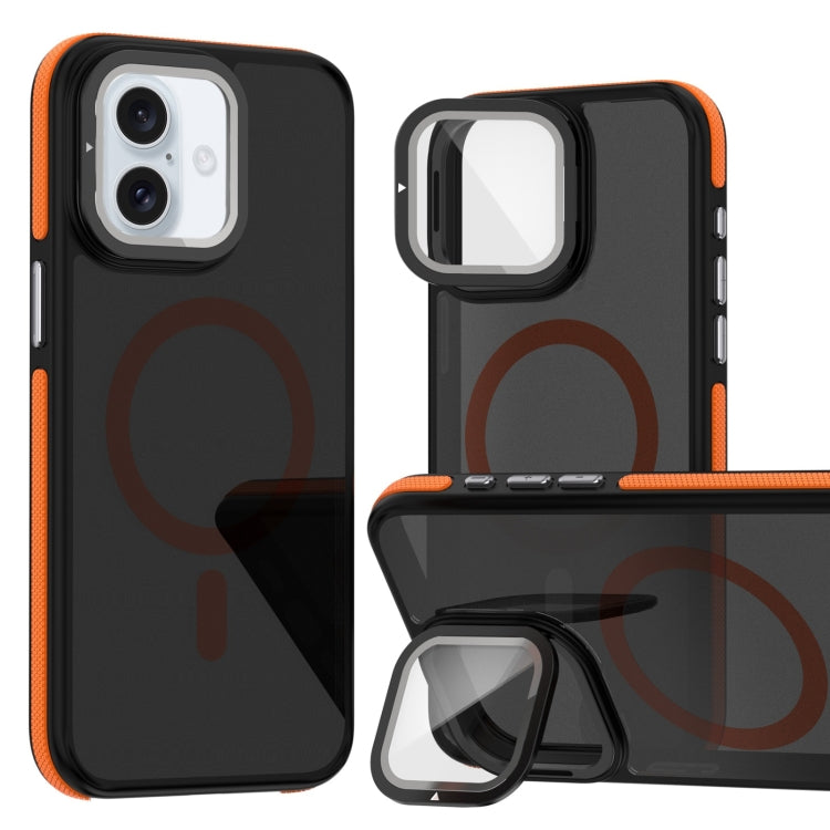 For iPhone 16 Plus Magsafe Dual-Color Skin Feel Lens Film Phone Case with Lens Fold Holder(Orange) - free shipping - PMC TechLife - Order now!