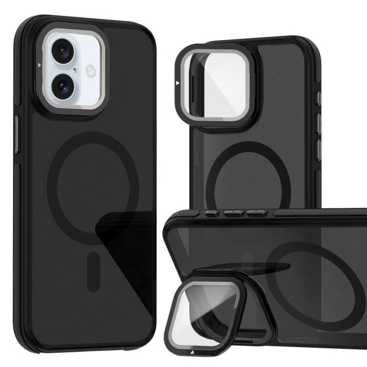 For iPhone 16 Plus Magsafe Dual-Color Skin Feel Lens Film Phone Case with Lens Fold Holder(Black) - iPhone 16 Plus Cases by PMC TechLife | Online Shopping South Africa | PMC TechLife | Buy Now Pay Later Mobicred