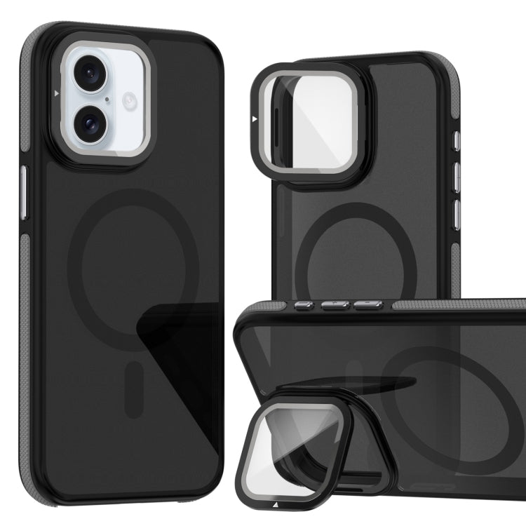For iPhone 16 Plus Magsafe Dual-Color Skin Feel Lens Film Phone Case with Lens Fold Holder(Gray) - iPhone 16 Plus Cases by PMC TechLife | Online Shopping South Africa | PMC TechLife | Buy Now Pay Later Mobicred