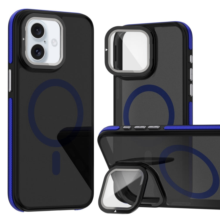 For iPhone 16 Plus Magsafe Dual-Color Skin Feel Lens Film Phone Case with Lens Fold Holder(Blue) - More iPhone Cases by PMC TechLife | Online Shopping South Africa | PMC TechLife | Buy Now Pay Later Mobicred