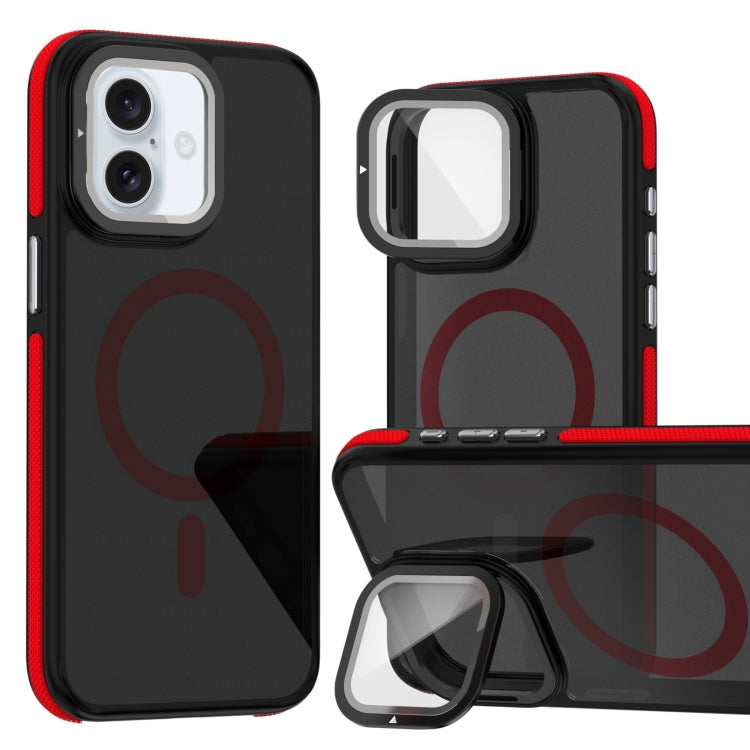For iPhone 16 Plus Magsafe Dual-Color Skin Feel Lens Film Phone Case with Lens Fold Holder(Red) - More iPhone Cases by PMC TechLife | Online Shopping South Africa | PMC TechLife | Buy Now Pay Later Mobicred