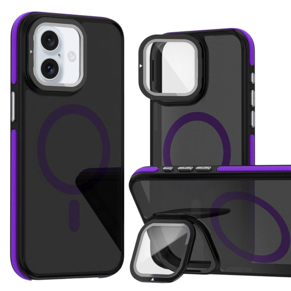 For iPhone 16 Magsafe Dual-Color Skin Feel Lens Film Phone Case with Lens Fold Holder(Purple)