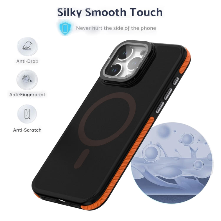 For iPhone 16 Magsafe Dual-Color Skin Feel Lens Film Phone Case with Lens Fold Holder(Gray)
