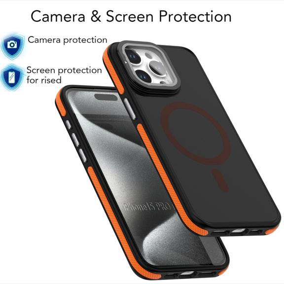 For iPhone 16 Pro Magsafe Dual-Color Skin Feel Lens Film Phone Case with Lens Fold Holder(Red)