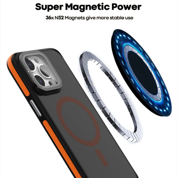 For iPhone 16 Plus Magsafe Dual-Color Skin Feel Lens Film Phone Case with Lens Fold Holder(Black)