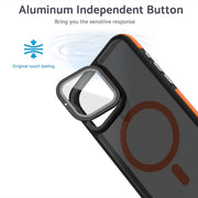 For iPhone 16 Magsafe Dual-Color Skin Feel Lens Film Phone Case with Lens Fold Holder(Gray)