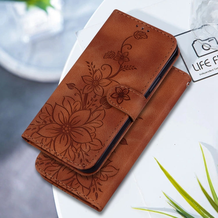 For Samsung Galaxy S25+ 5G Lily Embossed Leather Phone Case(Brown)