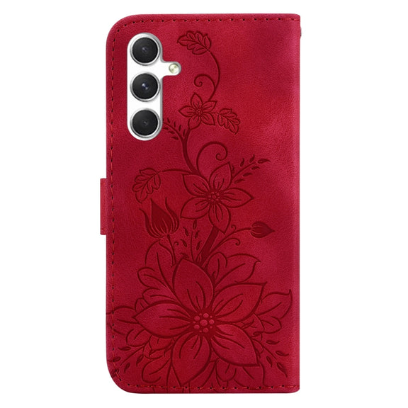 For Samsung Galaxy S25+ 5G Lily Embossed Leather Phone Case(Red)