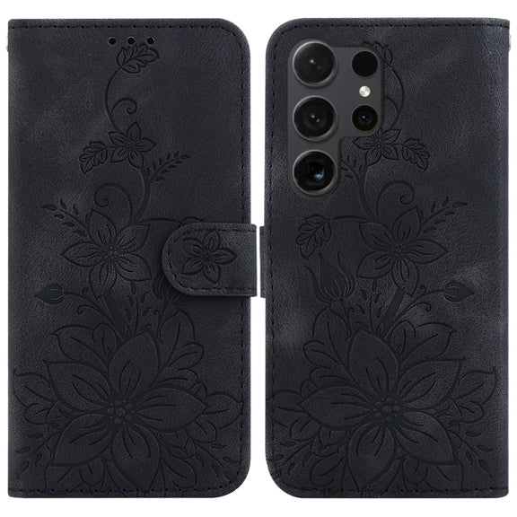 For Samsung Galaxy S25 Ultra 5G Lily Embossed Leather Phone Case(Black)