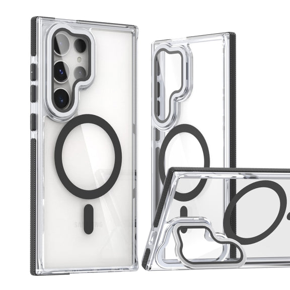 For Samsung Galaxy S24 Ultra 5G Dual-Color Clear Acrylic Hybrid TPU MagSafe Lens Film Phone Case with Holder(Black)