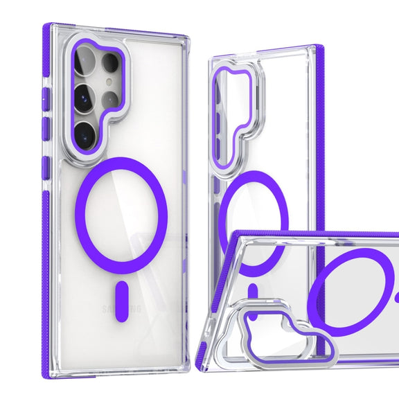 For Samsung Galaxy S24 Ultra 5G Dual-Color Clear Acrylic Hybrid TPU MagSafe Lens Film Phone Case with Holder(Purple)