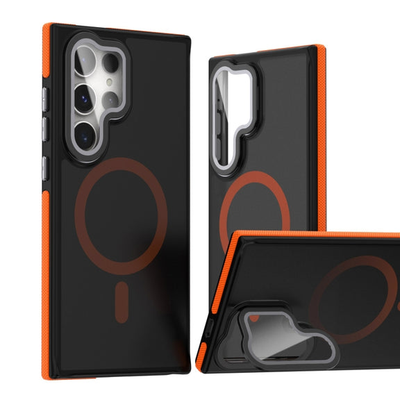 For Samsung Galaxy S24 Ultra 5G Magsafe Dual-Color Skin Feel Lens Film Phone Case with Lens Fold Holder(Orange)