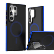 For Samsung Galaxy S24 Ultra 5G Magsafe Dual-Color Skin Feel Lens Film Phone Case with Lens Fold Holder(Blue)